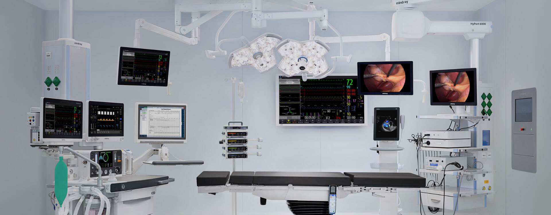Fully equipped modern operating theatre with surgical lights, monitors and anaesthesia equipment