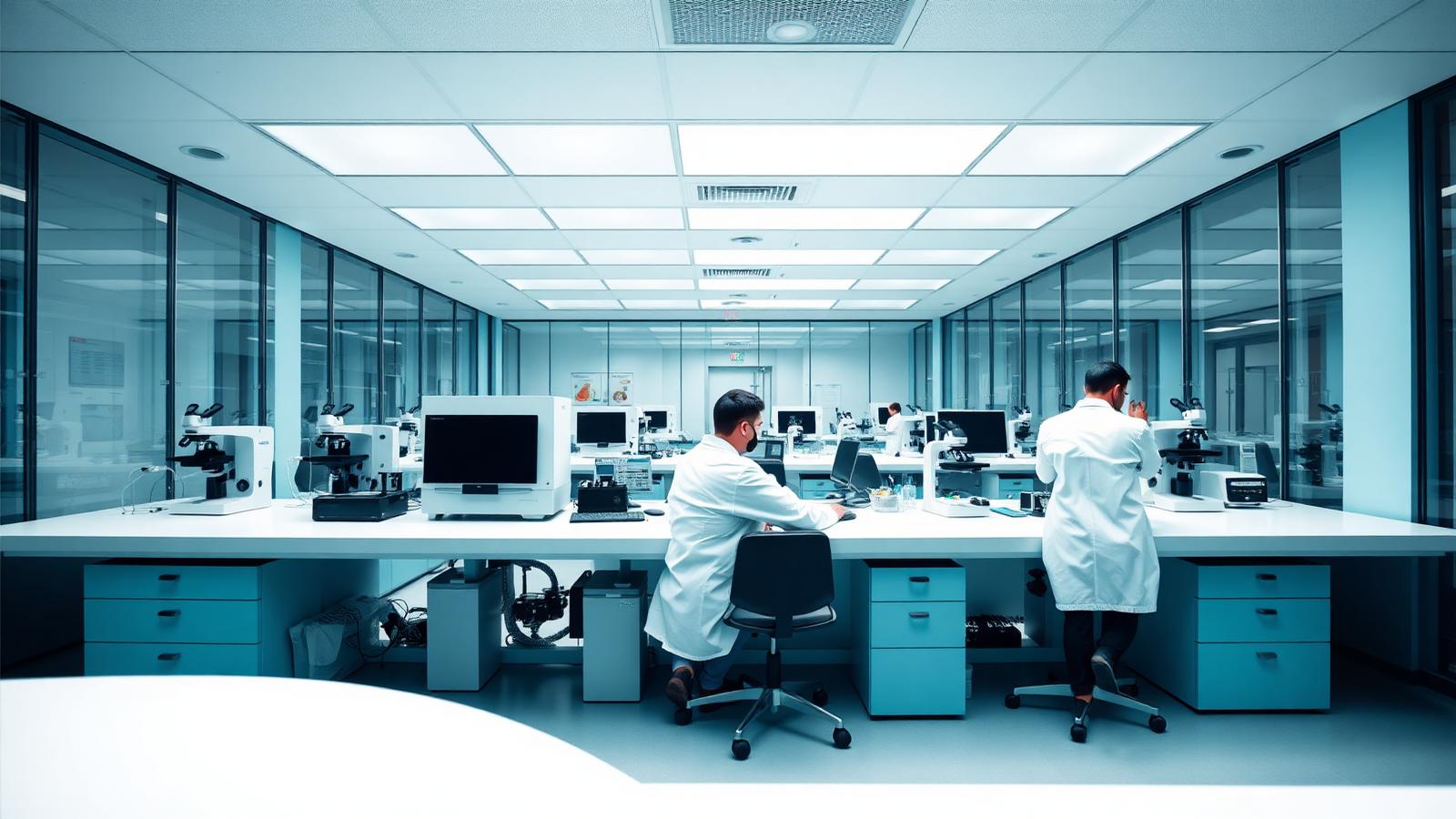 Modern clinical diagnostics laboratory with scientists operating advanced analysers