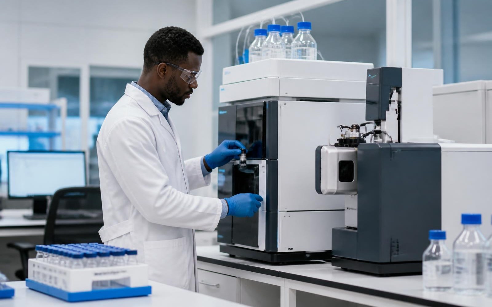 Analytical chemist working with advanced laboratory instrumentation