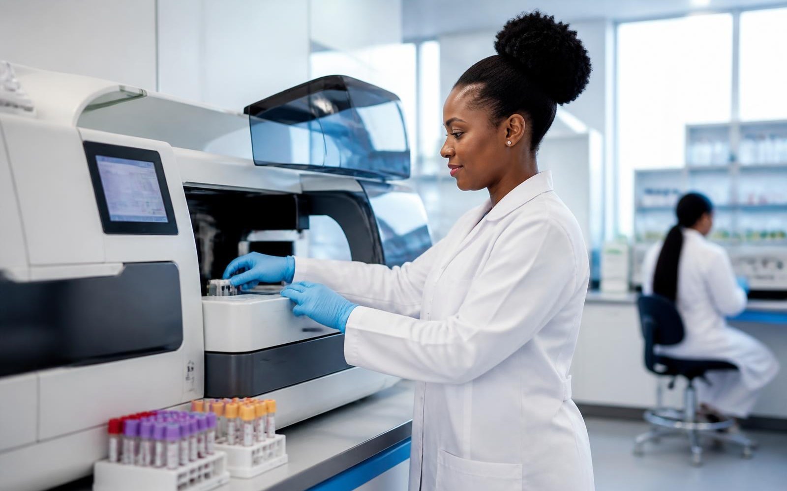 Clinical scientist operating an automated diagnostics analyser