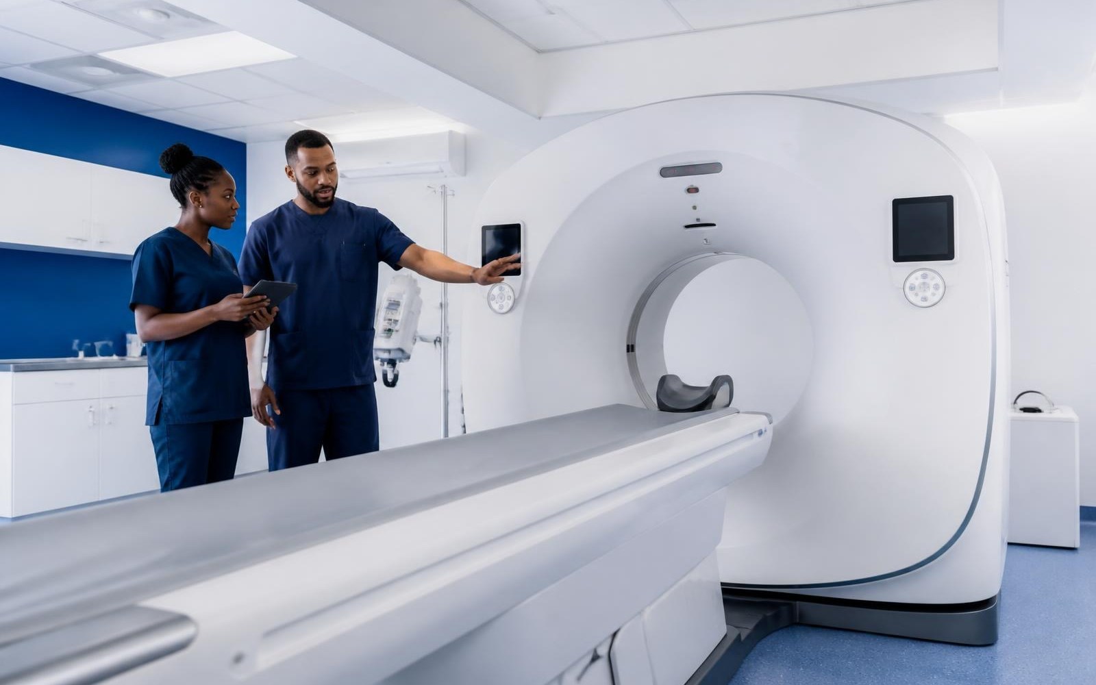 Biomedical professionals commissioning a hospital CT scanner