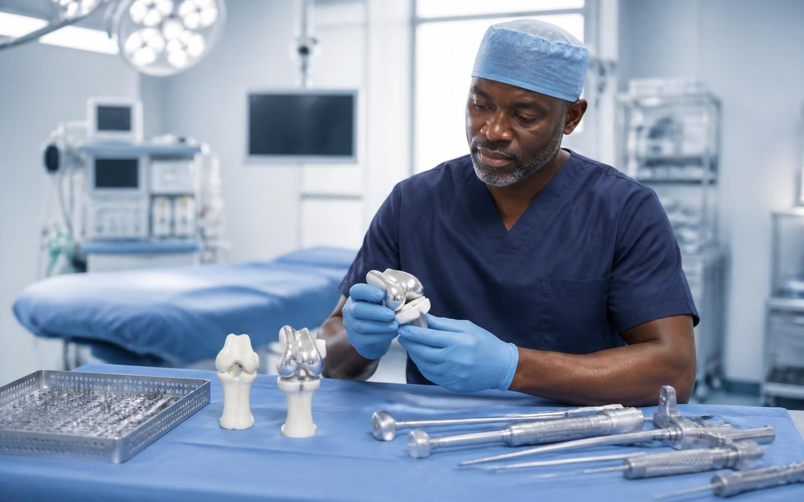 Orthopaedic specialist reviewing joint implant systems
